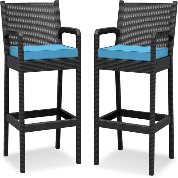 Studyset Patio Wicker Bar Stools Set of 2, High Top Rattan Barstool 30'' Outdoor Counter Height Barstools with Cushions, All-Weather Wicker Rattan Bar Chairs with Backrest & Footrest
