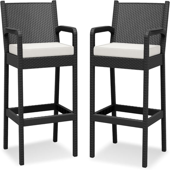 Studyset Patio Wicker Bar Stools Set of 2, High Top Rattan Barstool 30'' Outdoor Counter Height Barstools with Cushions, All-Weather Wicker Rattan Bar Chairs with Backrest & Footrest