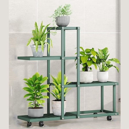 Studyset Plant Stand Indoor Outdoor, Rolling Plant Stand with Wheels, Metal Waterproof 4 Tiered Plant Shelf for Multiple Flower Planter Holder Rack