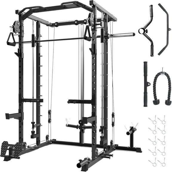 Studyset Power Cage, Smith Machine Squat Rack, Heavy Duty Power Rack for Home Gym with Pulley System, Dip Bar, LAT Pulldown, Multifunctional Squat Rack for Home Gym