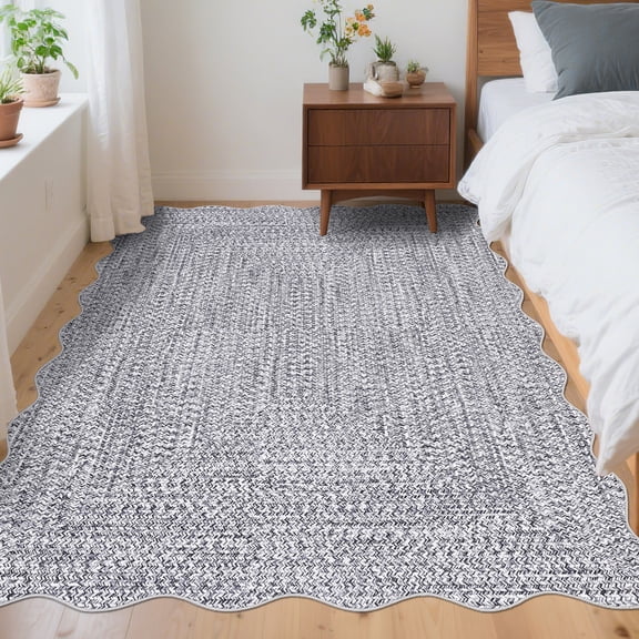 Studyset Printed Rug (Not Woven!)Large Washable Area Rug 8x10 - Non Slip Beige Printed Living Room Rugs, Scalloped Large Carpet, Stain Resistant Ultra-Thin Foldable Floor Cover for Dining Room