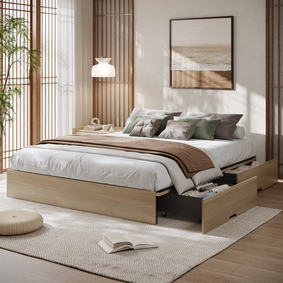 Studyset Queen Size Wood Platform Bed Frame with 2 Storage Drawers, Wooden Bed Frame Without Headboard,Minimalist Floor Platform Bed,Wood Slat Support,No Box Spring Needed,Easy Assembly