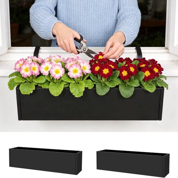 Studyset Railing Planter Box for Balcony, 36 Inch Large Rectangle Window Box Planter for Deck Fence, Black Metal Window Planter Box with Drainage Holes or Windowsill Balcony