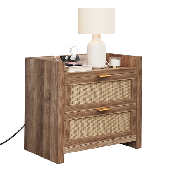 Studyset Rattan Nightstands Set Of 2,Farmhouse Night Stand With 2 Drawer And Storage Shelf,Bedside Table End Side Table Night Table For Bedroom,Living Room