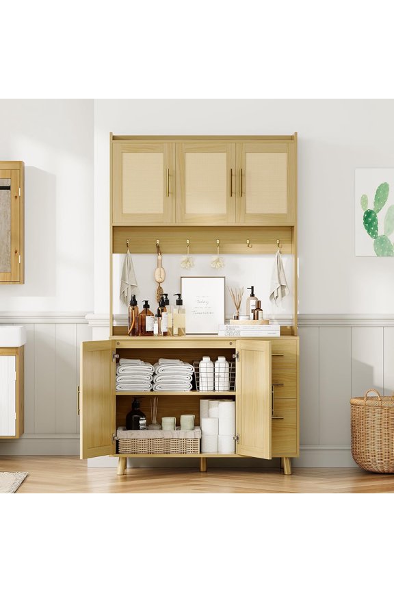 Rattan Pantry Cabinet, 71" Kitchen Pantry with Microwave Stand, Freestanding Hutch with Drawers, Doors and Hooks, Boho Storage Cabinet Tall Rattan Kitchen Haunt for Dining Room