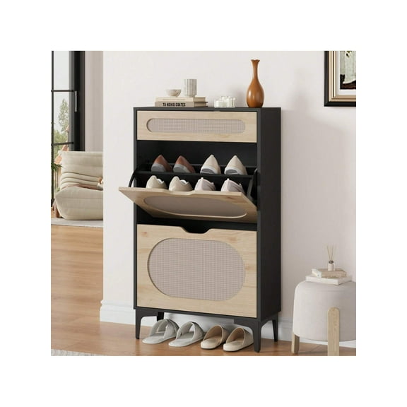 Studyset Rattan Shoe Cabinet With 2 Flip Drawers And 1 Pull-Out Drawer,Freestanding Narrow Shoe Cabinet,Free Stand Shoe Storage Cabinet,3-Position Adjustable Shelf,Shoe Cabinet Shoe Rack