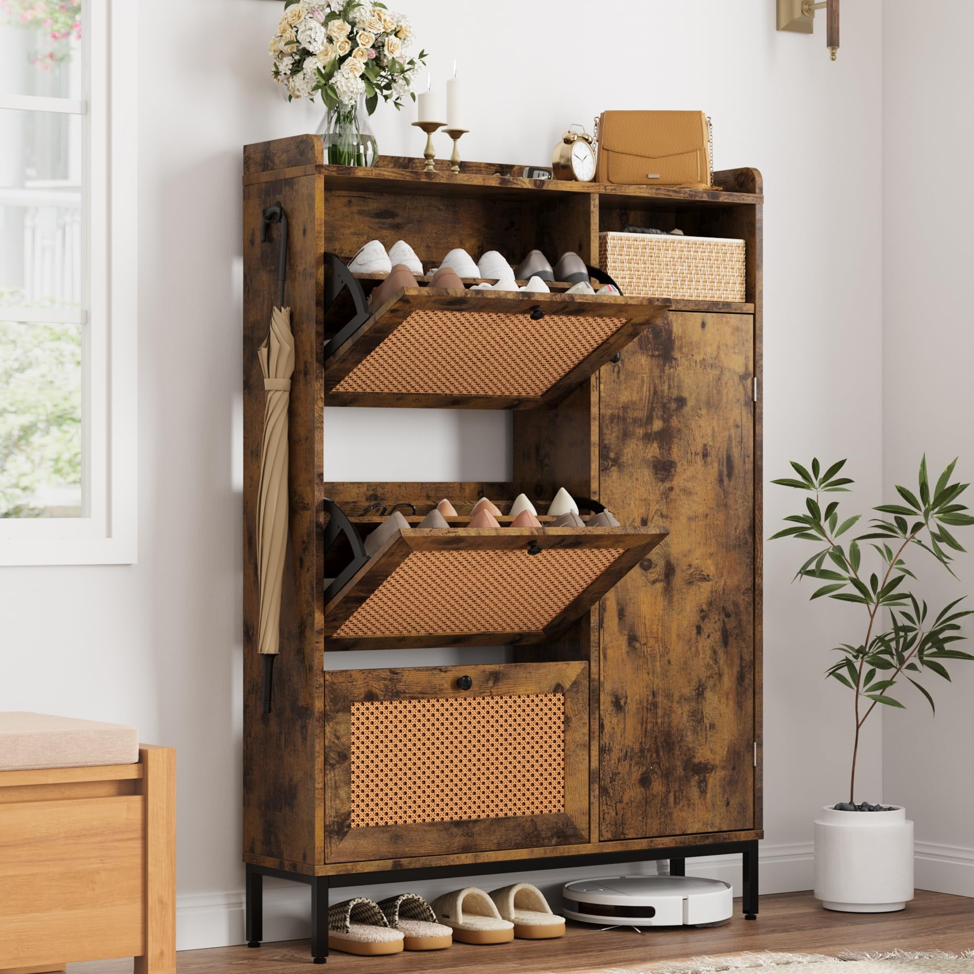 Studyset Rattan Shoe Cabinet with 3 Flip Drawers, Freestanding Shoe ...