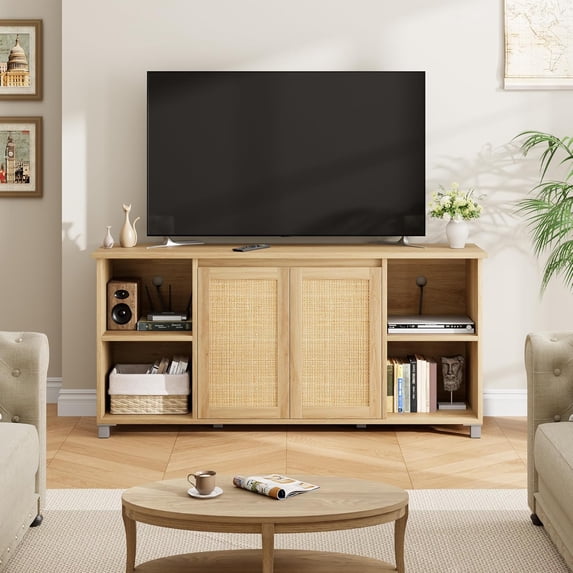 Studyset Rattan TV Stand for 70 Inch, Entertainment Center with Storage Shelves – Wooden Media Console Cabinet for Living Room, Bedroom, Nature Oak