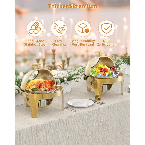 Studyset Roll Top Chafing Dish Buffet Set, 6.3 Qt Round Chafing Dish for Buffet, Stainless Steel Food Warmer Chafer with Glass Window Full Size Food Pan for Catering Parties Banquets, Gold
