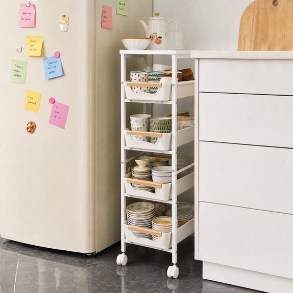 Studyset Rolling Storage Cart on Wheels, 8" Wooden Top Narrow Kitchen Carts, Slim Rolling Cart Organizer with Pull-Out Basket & Tabletop, Movable Bathroom Cart for Kitchen Living Room Pantry
