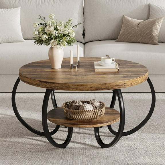 Studyset Round Coffee Table for Living Room,30" Center Table,2-Tier Circle Coffee Table Industrial Accent Tables with Adjustable Feet,Living Room Tables with Storage Shelf and Designed Wood Grain