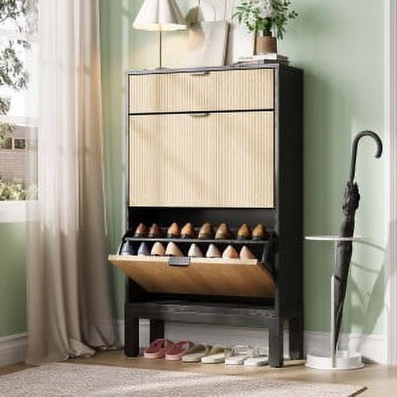 Studyset Shoe Cabinet with 2Doors & 1 Drawer, Entryway Cabinet Entrance Wooden Shoe Rack with Iron Legs, Slim Shoe Storage Cabinet, Modern Fluted Shoe Organizer pace-Saving Slim Shoe Cabinet