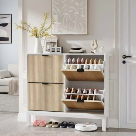 Studyset Shoe Storage Cabinet with 4 Flip Drawers, Farmhouse Fluted Shoe Organizer with Metal Legs, Freestanding Hidden Slim Narrow Shoe Rack for Entryway, Foyer, Hallway