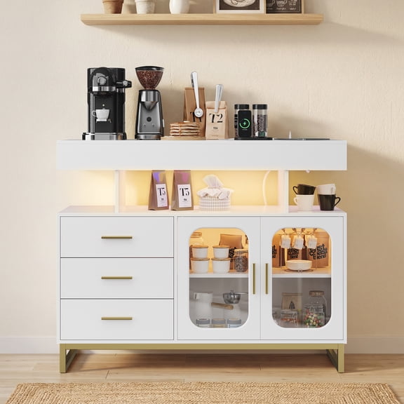 Studyset Sideboard Buffet Cabinet with Auto-Sensor RGB LED Lights & Built-in Charging Station, Sideboard Storage Coffee Bar Table with Storage for Dining Room, Kitchen, Living Room