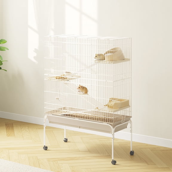 Studyset Small Animal Cage 4-Tier, 48" h Large Guinea Pig Cage with 3 Ramps, Water Bottle, 5.1" Deep Tray, Bowl, Metal Sugar Glider Cage on Wheels, 4-Tier Large Guinea Pig Cage