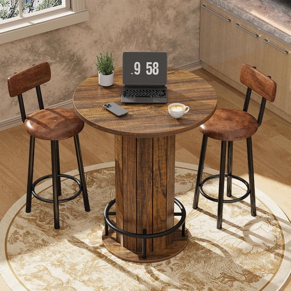 Studyset Space-Saving 40'' Tall Round Bar Table – Rustic Walnut Bistro Pub Table for Home Bar, Kitchen, or Dining Room – Metal Ring Footrest – Counter Height Cocktail Table – Table Only – 6693-1