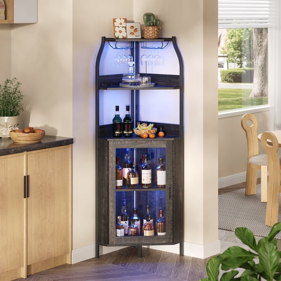 Studyset Space-Saving Corner Bar Cabinet with Power Outlet & LED Lights, 68" Tall Wine & Liquor Storage with Glass Door, Adjustable Shelves, Stemware Rack