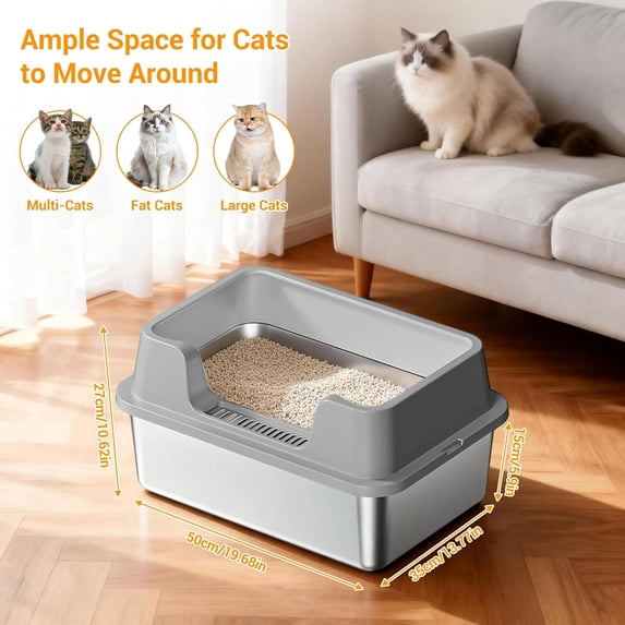 Studyset Stainless Steel Cat Litter Box, High Sided, Non-Stick, Odor Resistant Metal Litter Pan for Multiple Cats, Anti-Urine Leakage, Easy to Clean, Non-Slip Base