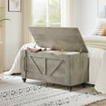 thumbnail image 1 of Studyset Storage Chest, Wooden Storage Bench with 4 Wheels, Storage Trunk 39.4" Storage Trunk with 2 Safety Hinges, Supports 350 Lbs, Round Corner, U-Shape Cutout, 1 of 8