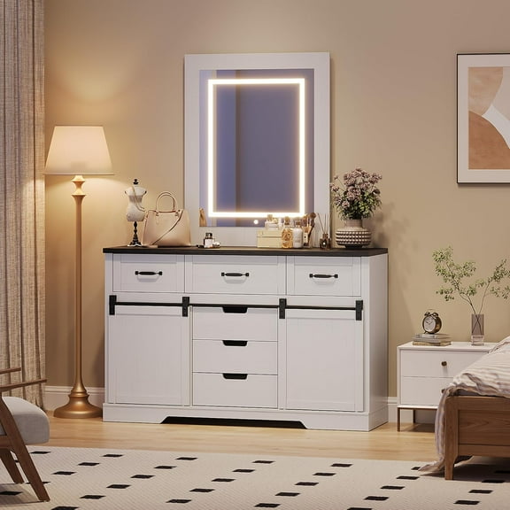 Studyset Studyset 6 Drawers Dresser with Mirror for Bedroom, Makeup Vanity Farmhouse Modern Dressers, Chest of Drawers with Sliding Barn Doors Sideboard Cabinet with LED Mirror, White Coffee Bar with