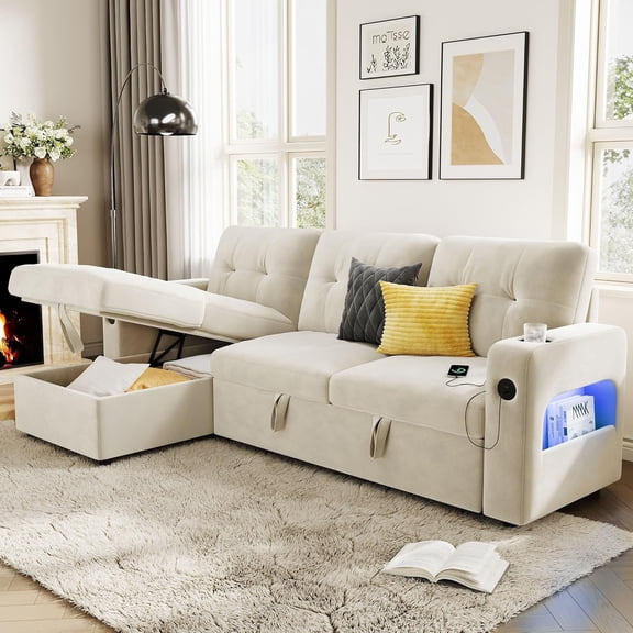 Studyset Studyset 84 Inch Sleeper Sofa Couch, L-Shaped Sofa, Convertible Pull Out Sofa Bed with Storage, Charging Station, Led Lights, Modern Sectional Sofa for Living Room, Apartment, Grey Velvet
