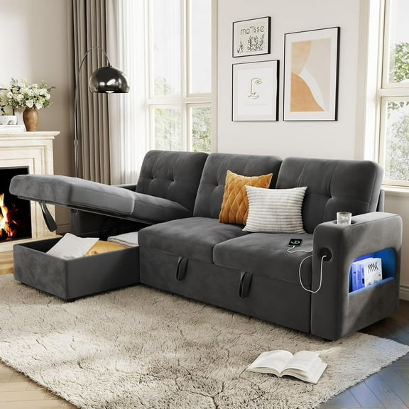 Studyset Studyset 84 Inch Sleeper Sofa Couch, L-Shaped Sofa, Convertible Pull Out Sofa Bed with Storage, Charging Station, Led Lights, Modern Sectional Sofa for Living Room, Apartment, Grey Velvet