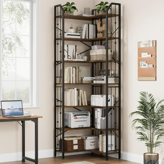 Studyset Tall 86" Corner Bookshelf, 7-Tier L-Shaped Corner Bookshelf with Beaded Accents, Industrial Tall Display Storage Rack, Large Bookcase for Living Room and Bedroom