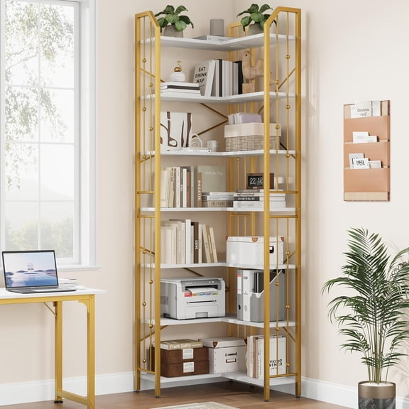 Studyset Tall 86" Corner Bookshelf, 7-Tier L-Shaped Corner Bookshelf with Beaded Accents, Industrial Tall Display Storage Rack, Large Bookcase for Living Room and Bedroom