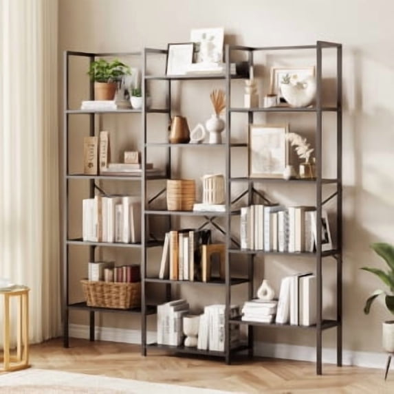 Studyset Triple Column 5-Tier Bookshelf,Bookcase W/14 Display Shelves, Rustic Industrial Bookshelf with Frame, Modern Wide Large Book Shelf Book Case, Ideal for Living Room, Home and Offcie, Black