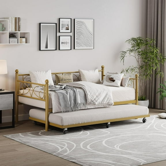 Studyset Twin Daybed with Trundle Bed, Heavy Duty Metal Twin Bed Frame with Pull Out Trundle, Modern Bedframe with Headboard, Sturdy Steel Slats Support, No Box Spring Needed