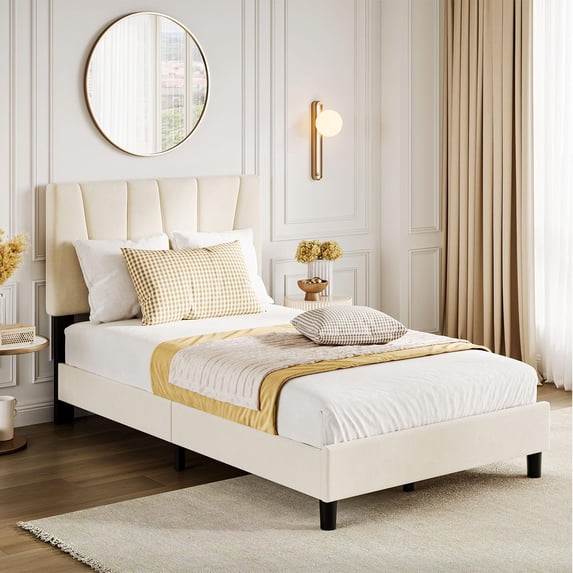 Studyset Twin/Full/Queen/King Size Platform Bed Frame with Adjustable Headboard,Linen Upholstered Twin Platform Bedframe with Strong Wooden Slats,Mattress Foundation,No Box Spring Needed