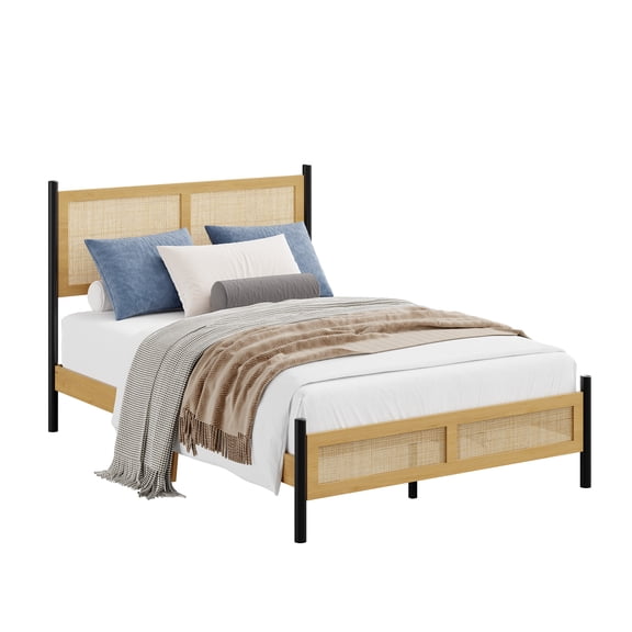 Studyset Twin Rattan Bed Frame - Boho Platform, Handwoven Wicker Headboard, Wood Slats, Underbed Storage, No Box Spring