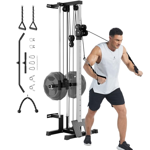 Studyset Wall Mount Cable Station,LAT Pulldown Machines with 19 Positions Dual Pulley System, Cable Crossover Machine with Adjustable Footplate, T-Bar and More Attachments, Workout Equipment Home Gym