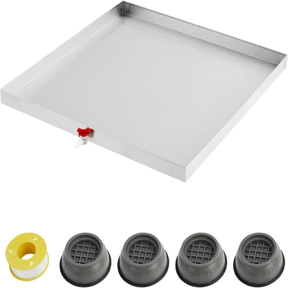 Studyset Washing Machine Pan 32" x 30" x 2" Heavy Duty 304 Stainless Steel Washing Machine Tray with 4 Pcs Anti-Vibration Washing Machine Feet, Washer Pan, No Hole