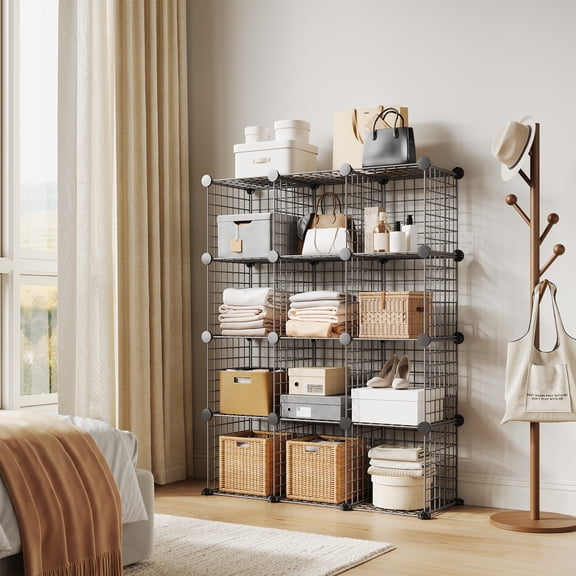 Studyset Wire Cube Storage, Closet Organizer Storage,12 Cube Wire Grid Stackable Storage Shelves, Modular Shelves Units, Storage Bins Shelving, for Bedroom, Office, Living Room, 37.01 x 12.6 x 38.19"