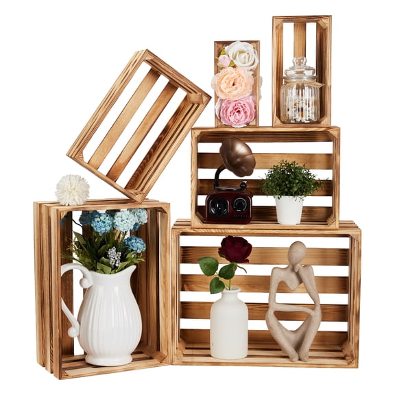 Studyset Wooden Crates for Display 6 Pack, Rustic Farmhouse Wood Crate with Handle, 6 Pcs Decorative Wood Crates, Stackable Nesting Storage Baskets