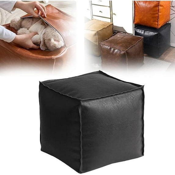 Stuffable Cushion Bag, 2025 New Unstuffed Pouf Ottomans, 2025 New Stuffable Cushion Bag, 16 inch Floor Footrest Storage Solution,Cube Decorative Footrest Storage (Black)