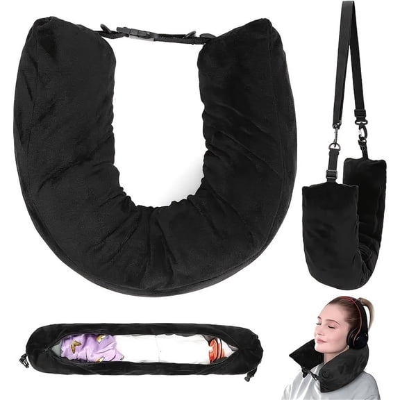 Stuffable Neck Pillow Travel Storage Bag for Airplanes with Clothes,Fits 3+ Days of Travel Essentials, No Filler (Black)
