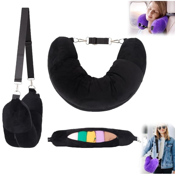 Stuffable Travel Neck Pillow, 2 in 1 U-Shaped Stuffable Neck Pillow for Travel, Long Flights or Quick Sleeps Multifunctional Fillable Velvet Neck Cushion Stuffing Spare Clothes (Black)
