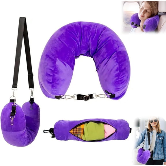 Stuffable Travel Neck Pillow, 2 in 1 U-Shaped Stuffable Neck Pillow for Travel, Long Flights or Quick Sleeps Multifunctional Fillable Velvet Neck Cushion Stuffing Spare Clothes (Purple)