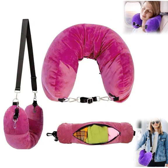 Stuffable Travel Neck Pillow, 2 in 1 U-Shaped Stuffable Neck Pillow for Travel, Long Flights or Quick Sleeps Multifunctional Fillable Velvet Neck Cushion Stuffing Spare Clothes (Pink)