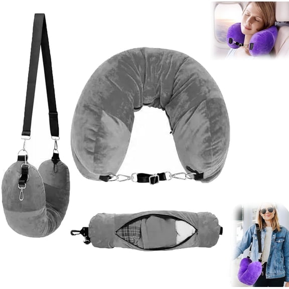 Stuffable Travel Neck Pillow, 2 in 1 U-Shaped Stuffable Neck Pillow for Travel, Long Flights or Quick Sleeps Multifunctional Fillable Velvet Neck Cushion Stuffing Spare Clothes (Grey)
