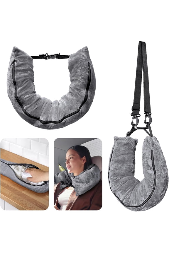 Stuffable Travel Neck Pillow with Hidden Storage Compartment, Holds Up to About 6 Soft Clothing Layers, Adjustable Support Cushion for Airplane, Road Trip & Camping Travel1-PACK