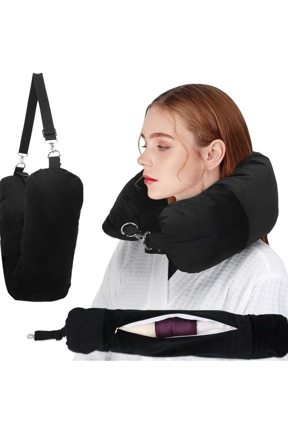 Stuffable Travel Pillow for Adults | U-Shape Neck Support with Storage Pouch | Fill with Clothes to Save Space | Portable for Flights & Road Trips | 18x90cm