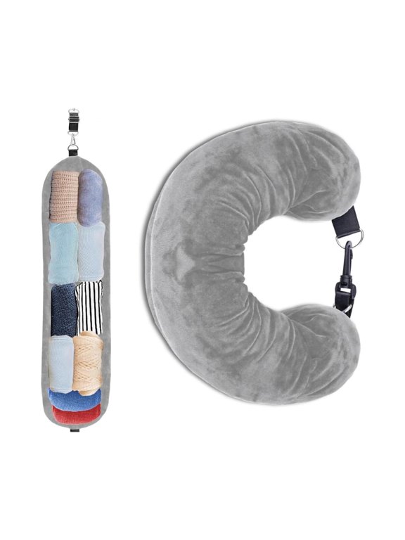 Stuffable Travel Pillow and Storage Bag, 2-in-1 U-Shaped Neck Pillow for Airplane, Camping, and Hiking, Portable Organizer for Clothes and Towels, Compact Outdoor Headrest with Adjustable Buckle