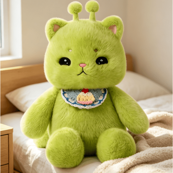 Stuffed Alien Kitten Plush Doll, 15.75 Inch UFO Cat with Antenna & Hand Stitched Bib, Cuddly Squeezeable Figure, Ideal Halloween Ornament & Holiday Present for Teens