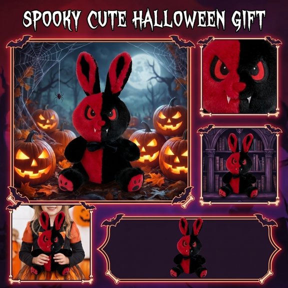 Stuffed Animal Bunny, Edgy Black Red Gothic Rabbit Figure, for Haunted House Scene Setup, Unique Holiday Gift, Durable Soft Plush Fabric, 14X10 In, Gothic Halloween Decor, Bunny