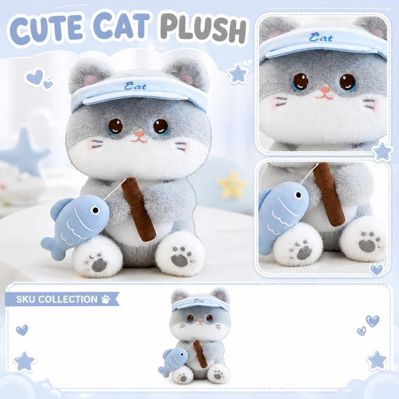 Stuffed Animal Cat, Kitten Stuffed Animal, Kitty Stuffed Animal, Small Stuffed Animal, 12X9 in Ultra Soft Cute Gray Plush Cat with Fish Accessory, Perfect for Home Display, Play,
