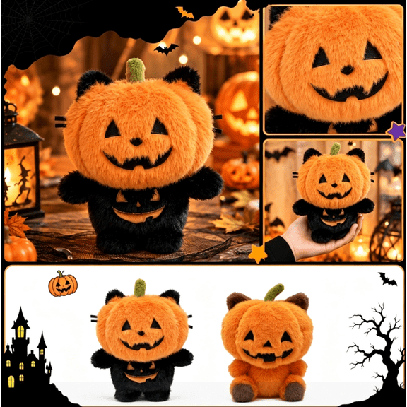 Stuffed Animal Cat Orange Pumpkin Halloween Plush Decor, Jack-O'-Lantern Feline Plushie for Seasonal Display, Cozy Fall Accent Ornament for Home Shelf (A)