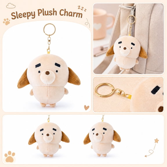 Stuffed Animal Dog, Soft Stuffed Keychain, Backpack Charm, Coworker Gift, 5X3 Inch Light Beige Plush with Embroidered Face Decor, Golden Keychain Ring Accessory, Portable Dog